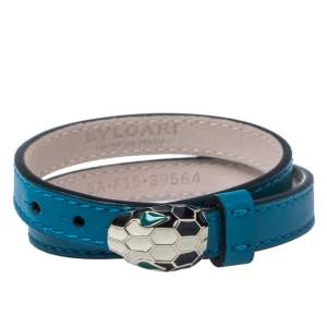 Bvlgari Teal Blue Leather Serpenti Forever Double Wrap Bracelet 