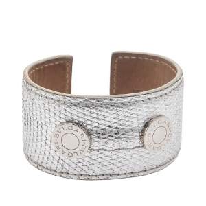 Bvlgari Silver Karung Leather Wide Cuff Bracelet