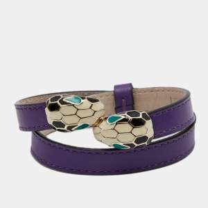 Bvlgari Serpenti Forever Purple Leather Gold Tone Double Wrap Bracelet