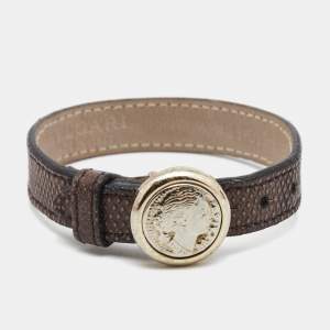 Bvlgari Brown Leather Gold Tone Monete Coin Wrap Bracelet