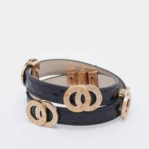Bvlgari Black Leather Gold Tone Double Coiled Wrap Bracelet