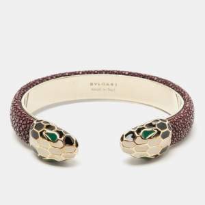 Bvlgari Serpenti Forever Galuchat Leather Gold Plated Open Cuff Bracelet