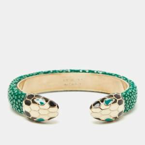  Bvlgari Serpenti Forever Green Galuchat Leather Gold Tone Open Cuff Bracelet