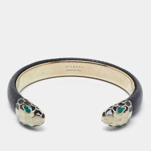 Bvlgari Serpenti Forever Black Leather Open Cuff Bracelet 