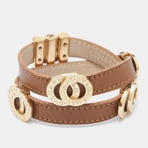 Bvlgari Brown Leather Gold Tone Double Wrap Bracelet