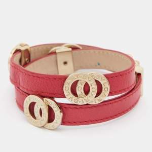 Bvlgari Red Leather Gold Tone Double Coiled Wrap Bracelet