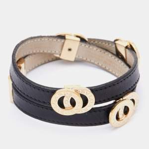 Bvlgari Black Leather Gold Tone Double Coiled Wrap Bracelet