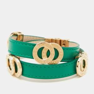 Bvlgari Green Leather Gold Tone Double Wrap Bracelet 