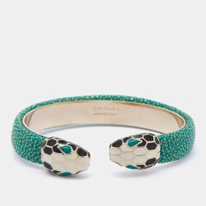 Bvlgari Serpenti Forever Enamel Green Galuchat Leather Gold Plated Open Cuff Bracelet 
