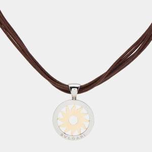 Bvlgari Tondo Sun Stainless Steel 18k Yellow Gold Leather Cord Necklace