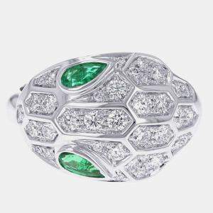 Bvlgari 18K White Gold Diamond Emerald Serpenti Seduttori Ring EU 52