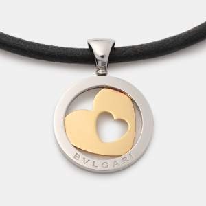 Bvlgari Tondo Heart 18k Yellow Gold & Stainless Steel Pendant Leather Cord Necklace
