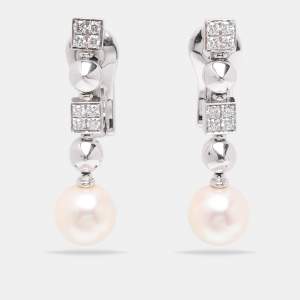 Pre Owned Bvlgari 18K White Gold Diamond Pearl Lucia Pierced Earrings