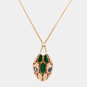 Pre Owned Bvlgari Serpenti Seduttori Diamond Malachite Blue Sapphire 18K Rose Gold Pendant Necklace