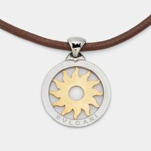 Pre Owned Bvlgari Tondo Sun Stainless Steel 18k Yellow Gold Leather Cord Necklace