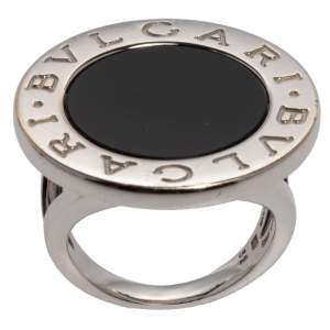 Pre Owned Bvlgari Onyx Inlay 18K White Gold Circular Ring Size 52