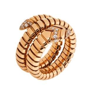 Pre Owned Bvlgari Serpenti Tubogas Diamond 18K Rose Gold Double Spiral Ring Size 57