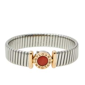 Pre Owned Bvlgari Tubogas Coral 18K Rose Gold Steel Cuff Bracelet S