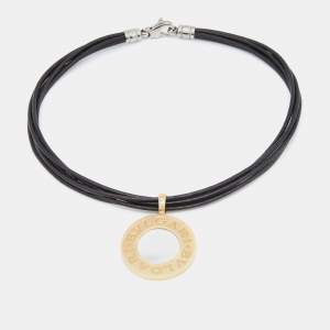 Bvlgari Bvlgari Onyx Mother of Pearl Stainless Steel 18k Yellow Gold Black Leather Cord Pendant Necklace