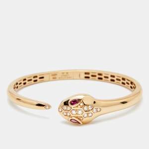 Bvlgari Serpenti Diamond Rubellite 18k Rose Gold Cuff Bracelet S 