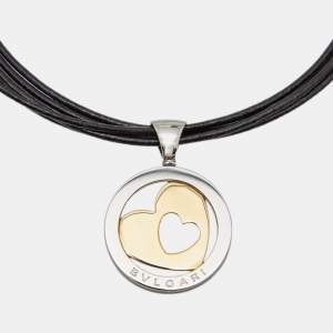  Bvlgari Tondo Heart 18k Yellow Gold  Stainless Steel Leather Cord Pendant Necklace