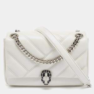 Bvlgari Pearl White Quilted Iridescent Leather Small Serpenti Cabochon Shoulder Bag