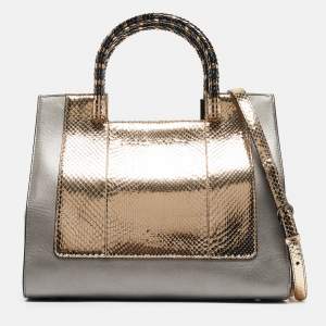 Bvlgari Gold/Grey Leather and Snakeskin Serpenti Scaglie Tote