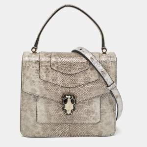 Bvlgari Silver/Beige Karung Leather Small Serpenti Forever Top Handle Bag