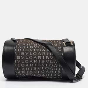 Bvlgari Black Macadam Denim and Leather Cylinder Bag