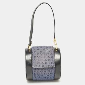 Bvlgari Blue/Black Logo Denim and Leather Cylinder Bag