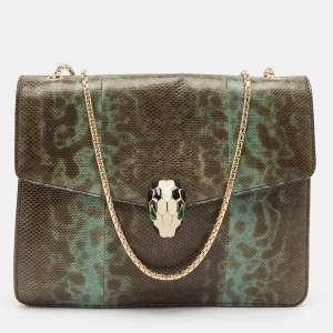 Bvlgari Green/Black Karung Serpenti Forever Flap Shoulder Bag