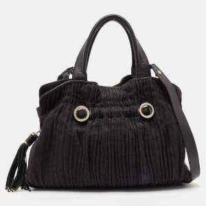 Bvlgari Black Canvas and Leather Pleated Satchel