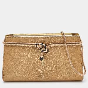 Bvlgari Gold Stingray Leather Tubogas Chain Clutch