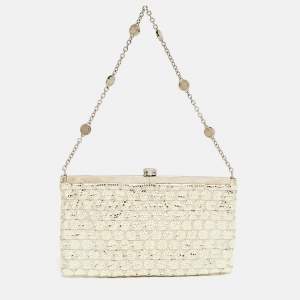 Bvlgari Gold/Grey Karung and Leather Frame Chain Clutch