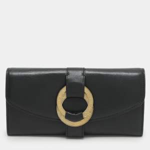 Bvlgari Black Leather Double Ring Flap Continental Wallet