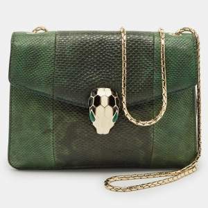 Pre Owned Bvlgari Green/Black Karung Leather Small Serpenti Forever Shoulder Bag