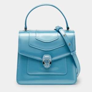 Pre Owned Bvlgari Blue Patent Leather Serpenti Forever Small Top Handle Bag
