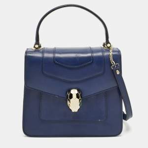 Pre Owned Bvlgari Navy Blue Leather Serpenti Forever Top Handle Bag