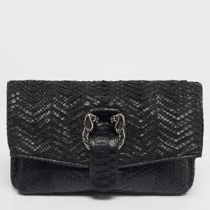 Pre Owned Bvlgari Black Python Leoni Flap Clutch