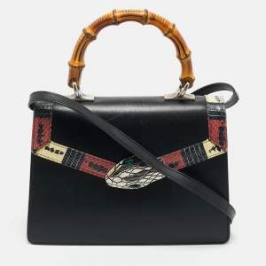 Pre Owned Gucci Black Leather and Snakeskin Small Lilith Bamboo Top Handle Bag