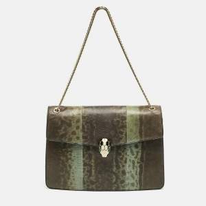 Pre Owned Bvlgari Green/Black Karung Leather Medium Serpenti Forever Shoulder Bag