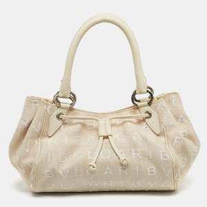 Pre Owned Bvlgari Beige/White Canvas and Leather Logomania Tote