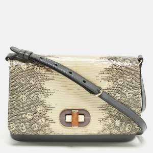 مملوكة مسبقًا Bvlgari Icona Grey/Cream Lizard Skin and Leather Shoulder Bag