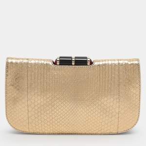 Pre Owned Bvlgari Lipstick Gold Python Leather Clutch