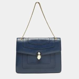 Pre Owned حقيبة كتف بلغاري فرفر سربنتي كبيرة جلد زرقاء كحلية