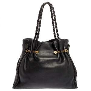 Bvlgari Black Leather Twistino Tina Shopper Tote