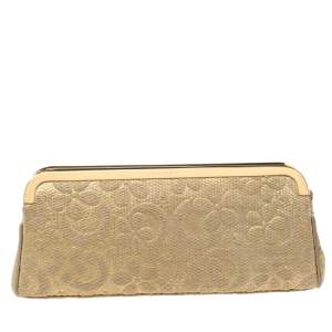 Bvlgari Metallic Gold Floral Embossed Straw Clutch