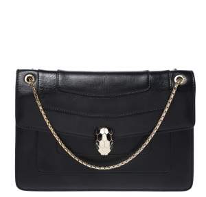 Bvlgari Black Leather Medium Serpenti Forever Flap Shoulder Bag