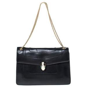 Bvlgari Black Leather Medium Serpenti Forever Flap Shoulder Bag