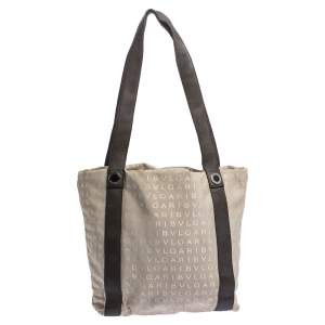 Bvlgari Beige/Brown Logo Mania Canvas and Leather Tote